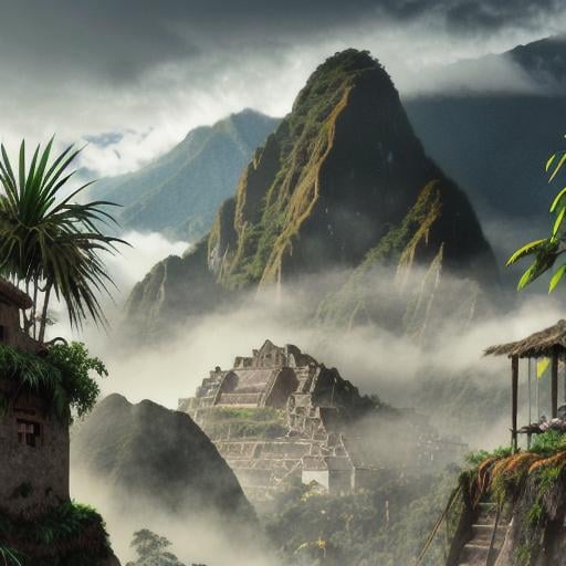 Prompt: Inca city in deep jungle valley, framed by mountains, mist laden, realistic, 4k, sharp focus, cinematic lighting, uncharted