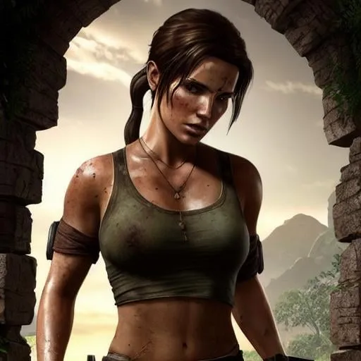 Prompt: Kate Beckinsale as Lara Croft Tomb Raider meeting Nathan Drake from Uncharted, intricate, cinematic lighting, highly detailed, artstation, smooth, sharp focus