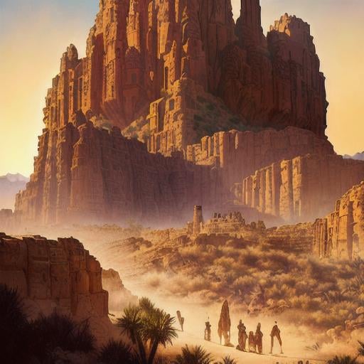 Prompt: lost city, desert canyon, surrounded by cliffs, desert explorers in foreground, cinematic lighting, highly detailed, digital art, smooth, sharp focus, art style Adventure Magazine, pulp magazine cover art