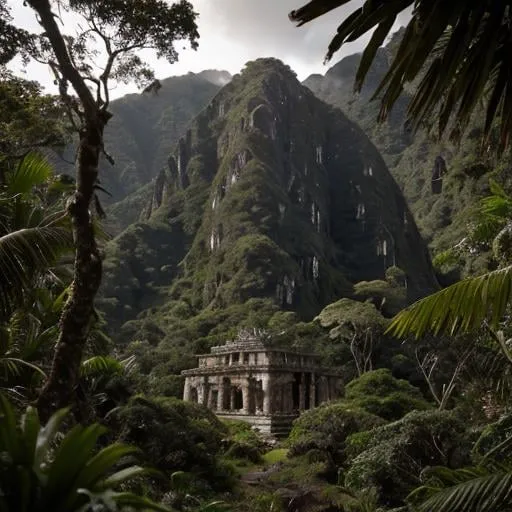 Prompt: Inca temple in deep jungle valley, framed by mountains, realistic, 4k, sharp focus, cinematic lighting, uncharted