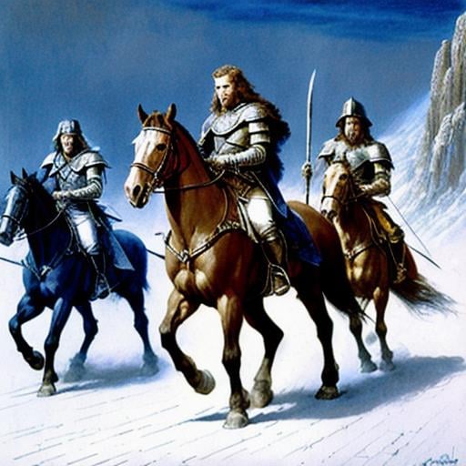Prompt: battle, high-fantasy, D&D, lord of the rings, ultra-detailed, cinematic, artstation, art by Alan Lee and John Howe