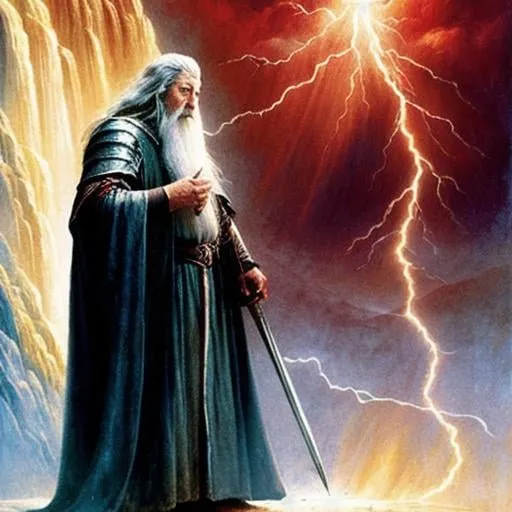 Prompt: gandalf style wizard, casting lightning at large red dragon, epic high-fantasy, D&D, lord of the rings, ultra-detailed, digital art, cinematic, artstation, art by Alan Lee and John Howe