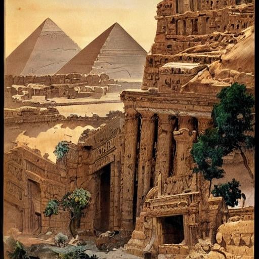 Prompt: Egyptian city ruins surrounded by desert cliffs by Frank Frazetta