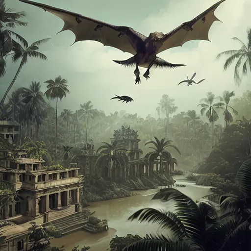 Prompt: lost city in Amazon, 1930's era explorer in foreground, distsant pterodactyl flying overhead, cinematic lighting, highly detailed, digital art, smooth, sharp focus, art style Adventure Magazine