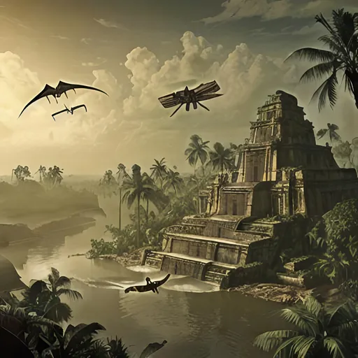 Prompt: lost city in Amazon, 1930's era explorer in foreground, pterosaurs flying overhead, cinematic lighting, highly detailed, digital art, smooth, sharp focus, art style Adventure Magazine