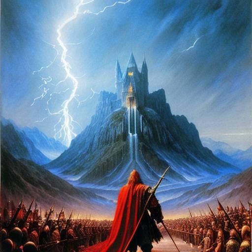 Prompt: wizard casting lightning at large red dragon, epic high-fantasy, D&D, lord of the rings, ultra-detailed, digital art, cinematic, artstation, art by Alan Lee and John Howe