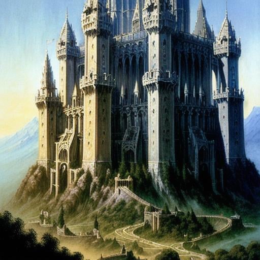 Prompt: wizard towers, gondor, high-fantasy, D&D, lord of the rings, ultra-detailed, cinematic, artstation, art by John Howe