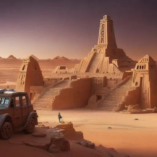 Prompt: lost city in the Sahara, desert explorer in foreground, cinematic lighting, highly detailed, digital art, smooth, sharp focus, art style Adventure Magazine
