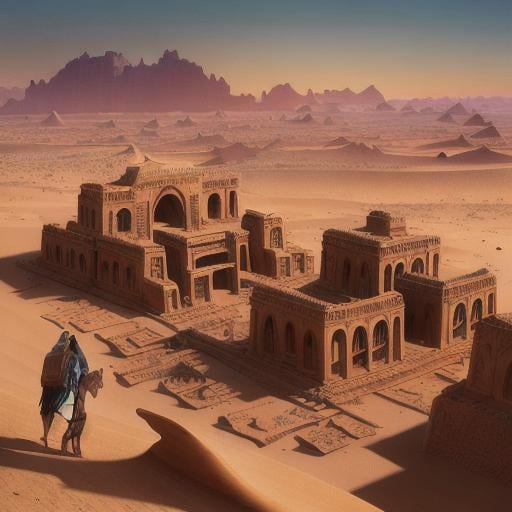 Prompt: lost city in the Sahara, desert explorer in foreground, cinematic lighting, highly detailed, digital art, smooth, sharp focus, art style Adventure Magazine