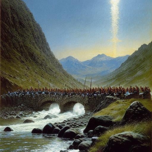 Prompt: Gondor soldiers fighting mordor army at river crossing, high-fantasy, D&D, lord of the rings, ultra-detailed, cinematic, artstation, art by Alan Lee and John Howe