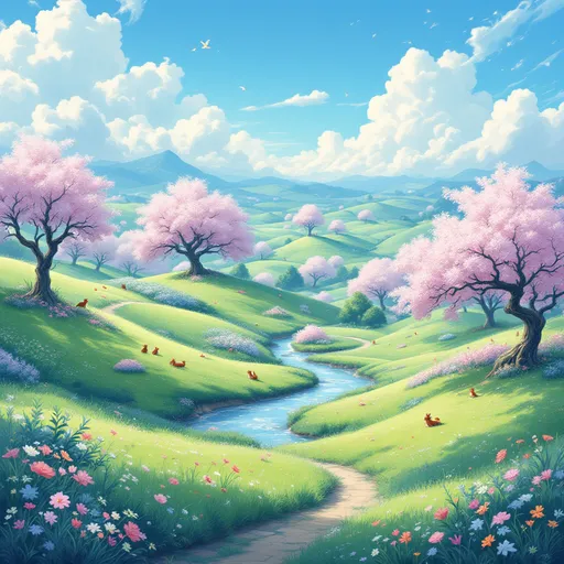Prompt: Ghibli-style landscape, lush rolling hills, whimsical forests, soft pastel hues, vibrant flowers, enchanting creatures, dreamy atmosphere, playful clouds, tranquil stream, detailed hand-painted aesthetic, heartwarming vibe, magical light filtering through trees, enchanting harmony with nature, serene backdrop, ultra-detailed, visually captivating.