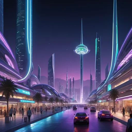 Prompt: (Jordan in the year 2050), stunning futuristic cityscape, sleek high-rise buildings, advanced technology, hover vehicles zooming by, vibrant neon lights in shades of electric blue and purple, green energy solutions like solar panels and wind turbines, high-tech market square bustling with people, creative and avant-garde architecture, warm and hopeful atmosphere, night scene, intricate details, high resolution, ultra-detailed, 4K quality, digital masterpiece, trending on ArtStation, cinematic depth and lighting