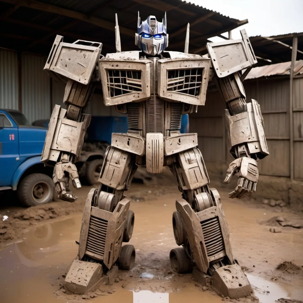 Prompt: Optimus prime made from Old junk parts from an African slum, covered in dirt and mud, 

