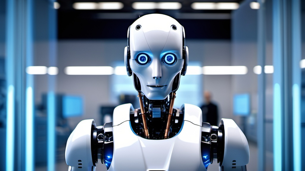 Prompt: Generate an image of a male humanoid robot, similar to the provided image, from a front view. The robot is standing alone in a high-tech robotic lab with futuristic equipment in the background. The robot's eyes are glowing blue, and it is looking straight ahead, ready to respond."