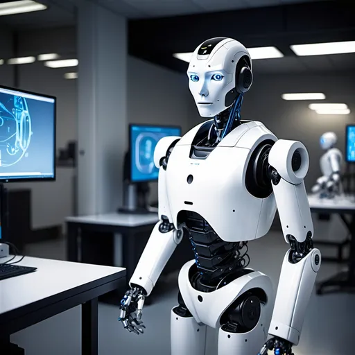 Prompt: "Generate a left-side view of the male humanoid robot, alone in the same high-tech robotic lab. The robot is facing slightly to the right, with glowing blue eyes, appearing alert and attentive to something off-screen."