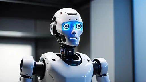 Prompt: "Generate an image of the male humanoid robot from a three-quarter right view, in the same high-tech lab setting. The robot is alone, slightly turned to the left, with glowing blue eyes, appearing to be in conversation."