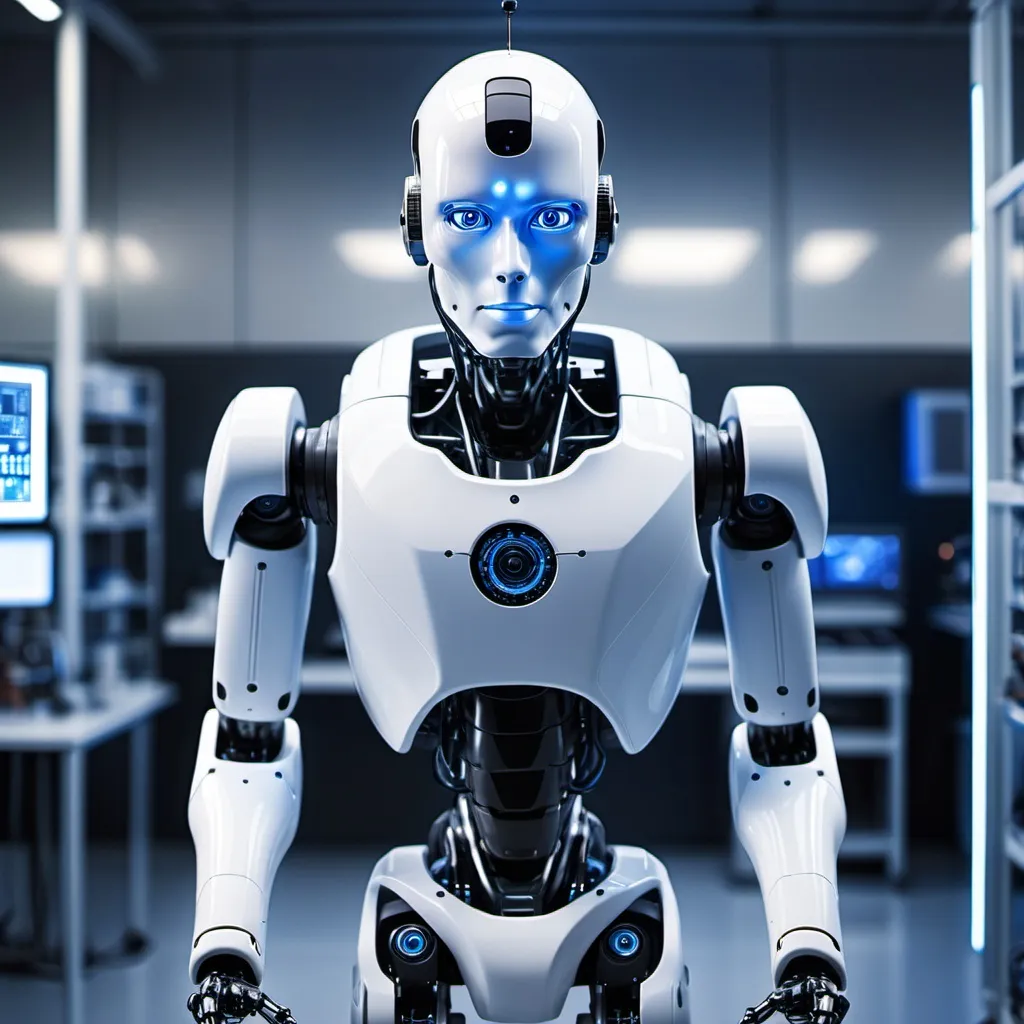 Prompt: Generate an image of a male humanoid robot, similar to the provided image, from a front view. The robot is standing alone in a high-tech robotic lab with futuristic equipment in the background. The robot's eyes are glowing blue, and it is looking straight ahead, ready to respond."