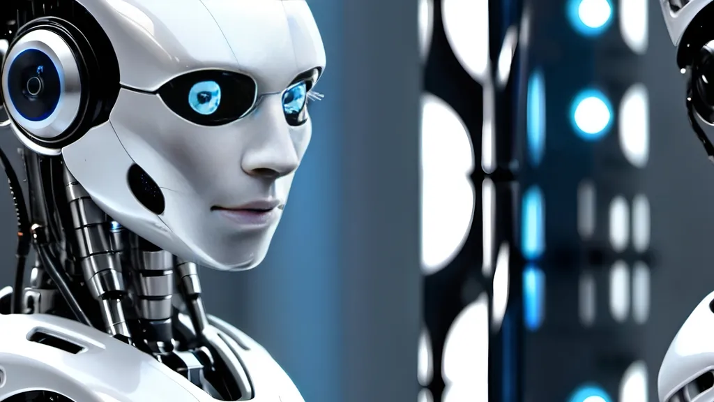 Prompt: male humanoid robot, (front view), standing alone, high-tech robotic lab, (futuristic equipment in the background), glowing blue eyes, (ready to respond), sleek metallic design, ultra-detailed textures, soft cool lighting, modern technology ambiance, focus on the robot's features, (high resolution), evokes a sense of anticipation and innovation.