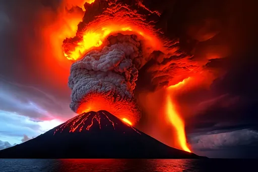 Prompt: Volcano in the ocean erupting while a thunderstorm is coming in.