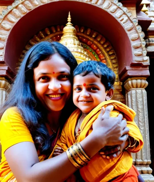 Prompt: (Lord Jagannath of Puri holding my mother on his lap), serene expression, mother smiling gently, traditional attire, vibrant colors, sacred atmosphere, divine aura, detailed background temple sanctum, golden light rays, peaceful and comforting mood, ultra-detailed, 4K