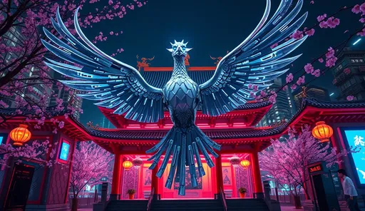 Prompt: front wide view, mechanical silver phoenix with blue eyes flies through the gate in a neon chinese city with futuristic syled temple, cherry blossom, night spring season