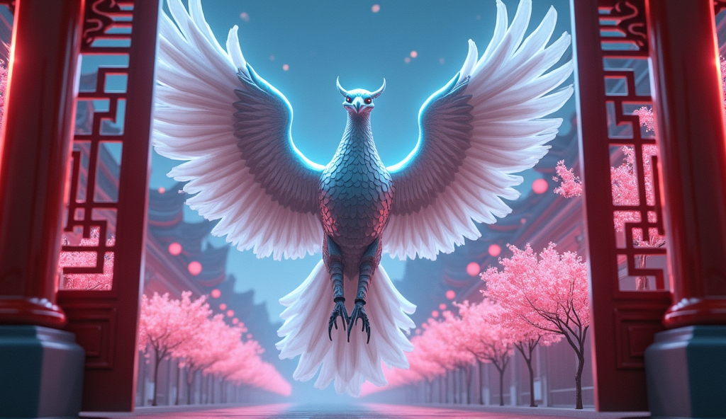 Prompt: front wide view, mechanical silver phoenix with blue eyes flying fast through the gate in a neon chinese city with futuristic syled temple, cherry blossom, night spring season