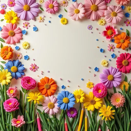Prompt: colorful scattered flowers and varying school supplies 
