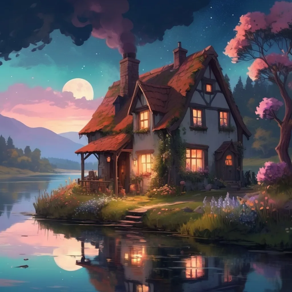 Prompt: Aesthetic, beautiful, painting, witch's cottage, chimney smoke, fantasy, adventure, river, soft, art, RPG, highres, illustration, starry sky, wonderland, wildflowers, cute, lake, sunset