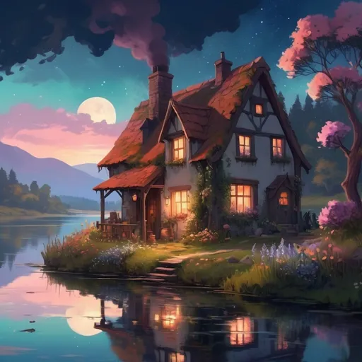 Prompt: Aesthetic, beautiful, painting, witch's cottage, chimney smoke, fantasy, adventure, river, soft, art, RPG, highres, illustration, starry sky, wonderland, wildflowers, cute, lake, sunset
