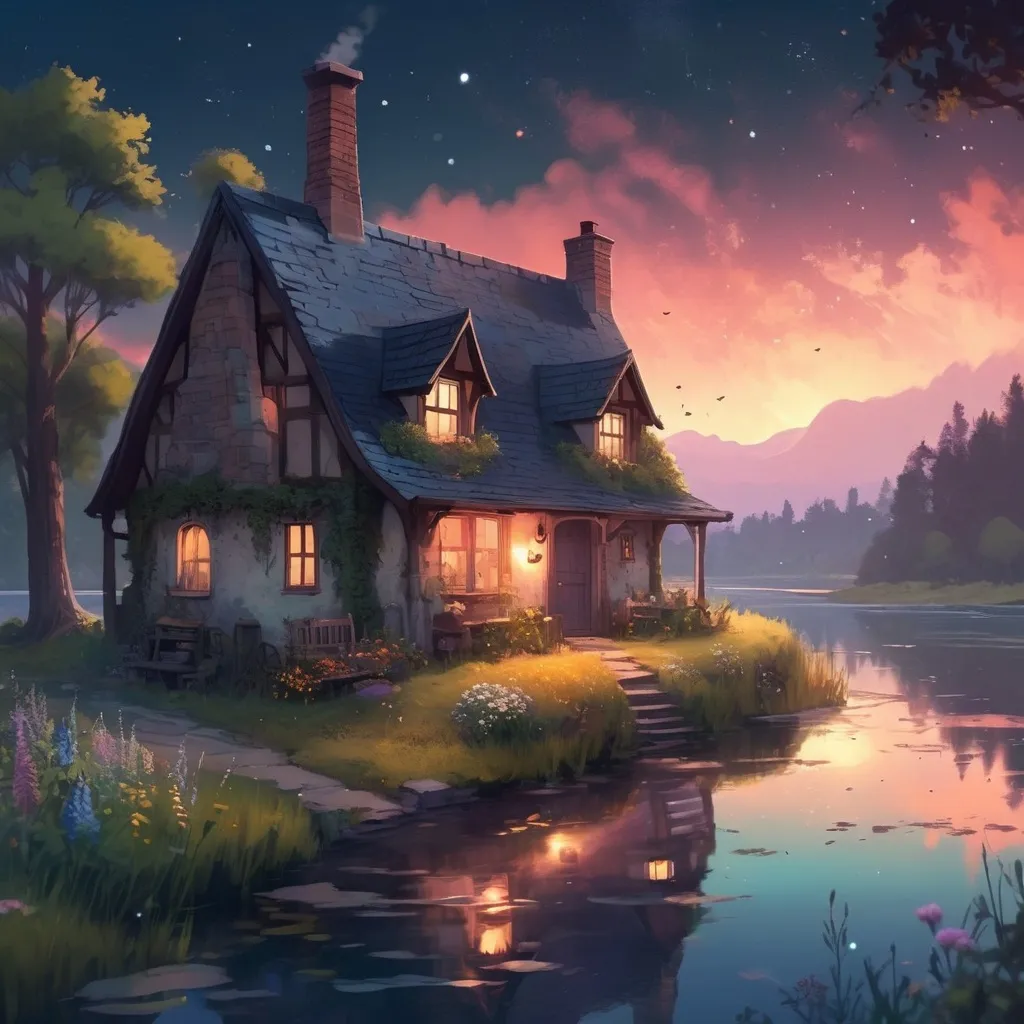 Prompt: Aesthetic, beautiful, painting, witch's cottage, chimney smoke, fantasy, adventure, river, soft, art, RPG, highres, illustration, starry sky, wonderland, wildflowers, cute, lake, sunset