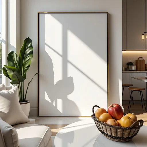 Prompt: mockup, close up shot, A4 sized picture frame, with a very thin border. the frame has a blank white glassy center. frame is leaned on a vintage kitchen, next to window, with sunlight shadow, fruit basket decoration

