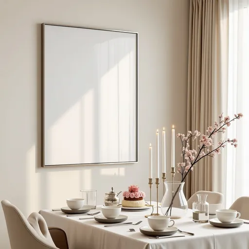 Prompt: A cozy dining mockup scene featuring a 50x70 cm blank white rectangular frame with a thin metallic border in a brushed silver finish. The frame is mounted on a plain cream-colored wall, positioned centrally above a rectangular dining table. The frame is viewed straight on, parallel to the wall, providing a full and unobstructed view of the frame. The dining table is covered with a simple white tablecloth, creating a clean and elegant backdrop. On the table, there is an arrangement of dining essentials and decor: At the center, a small round cake decorated with pink flowers sits on a white plate.
To the left of the cake, a silver coffee carafe and an empty glass vase hold a single pink flower.
To the right, a second glass vase with a delicate bouquet of pink and white flowers.
Flanking the cake are five tall, slender white taper candles in silver candle holders, their flames lit, adding a warm glow to the setting.
The table is set for two with white ceramic plates, forks, and knives, as well as a white teacup and saucer on the right side. A small branch with dried leaves or twigs hangs decoratively in the upper-right corner. Sheer beige curtains on the right side of the image allow sunlight to filter through, creating soft shadows and a warm, inviting atmosphere. sunlight shadows