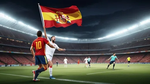 Prompt: High resolution digital illustration of England vs Spain football rivalry in a stadium at night, featuring England flag and Spain flag, intense match atmosphere, detailed player expressions, stadium floodlights casting dramatic shadows, dynamic action scenes, realistic digital rendering, intense rivalry, night time, football stadium, England flag, Spain flag, detailed player expressions, dramatic lighting, high resolution, digital illustration, intense atmosphere, rivalry, dynamic action, realistic rendering