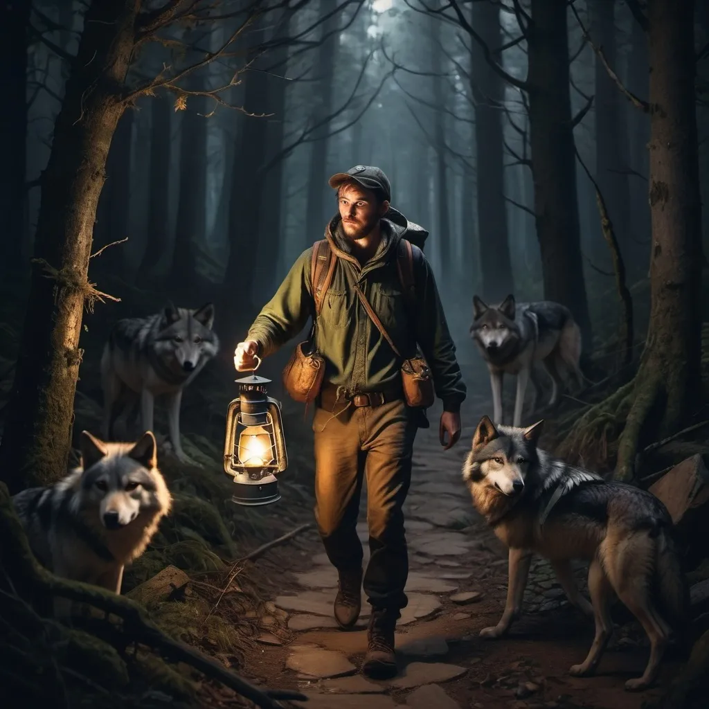 Prompt: An adventurer skeptically walking along a decrepit, weathered path, whilst holding a fire lit lantern in a dimly lit forest with wolves lurking in the shadows