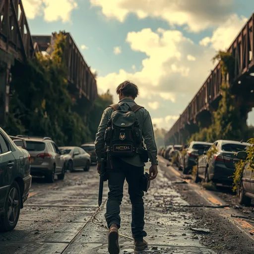 Prompt: A (post-apocalyptic wastelander) walking away down a devastated highway, carrying a (weathered backpack) with a (katana, sheathed) beside it, surrounded by (abandoned cars) covered in lush foliage. The (crumbling highway) symbolizes nature’s reclamation, overgrown and damaged from years of neglect. Evocative atmosphere filled with (dramatic lighting), showcasing the beauty in decay, captured in stunning (4K detail), creating a (grim yet beautiful) ambiance.