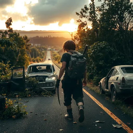 Prompt: A (post-apocalyptic wastelander) walking away down a devastated highway, carrying a (weathered backpack) with a (katana, sheathed) beside it, surrounded by (abandoned cars) covered in lush foliage. The (crumbling highway) symbolizes nature’s reclamation, overgrown and damaged from years of neglect. Evocative atmosphere filled with (dramatic lighting), showcasing the beauty in decay, captured in stunning (4K detail), creating a (grim yet beautiful) ambiance.