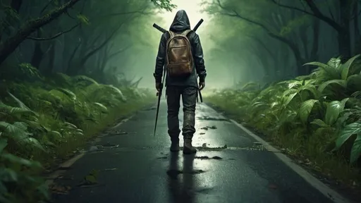 Prompt: A (post-apocalyptic wastelander) walking away down a devastated highway, carrying a (weathered backpack) with a (katana, sheathed) beside it, surrounded by (abandoned cars) covered in lush foliage. The (crumbling highway) symbolizes nature’s reclamation, overgrown and damaged from years of neglect. Evocative atmosphere filled with (dramatic lighting), showcasing the beauty in decay, captured in stunning (4K detail), creating a (grim yet beautiful) ambiance.