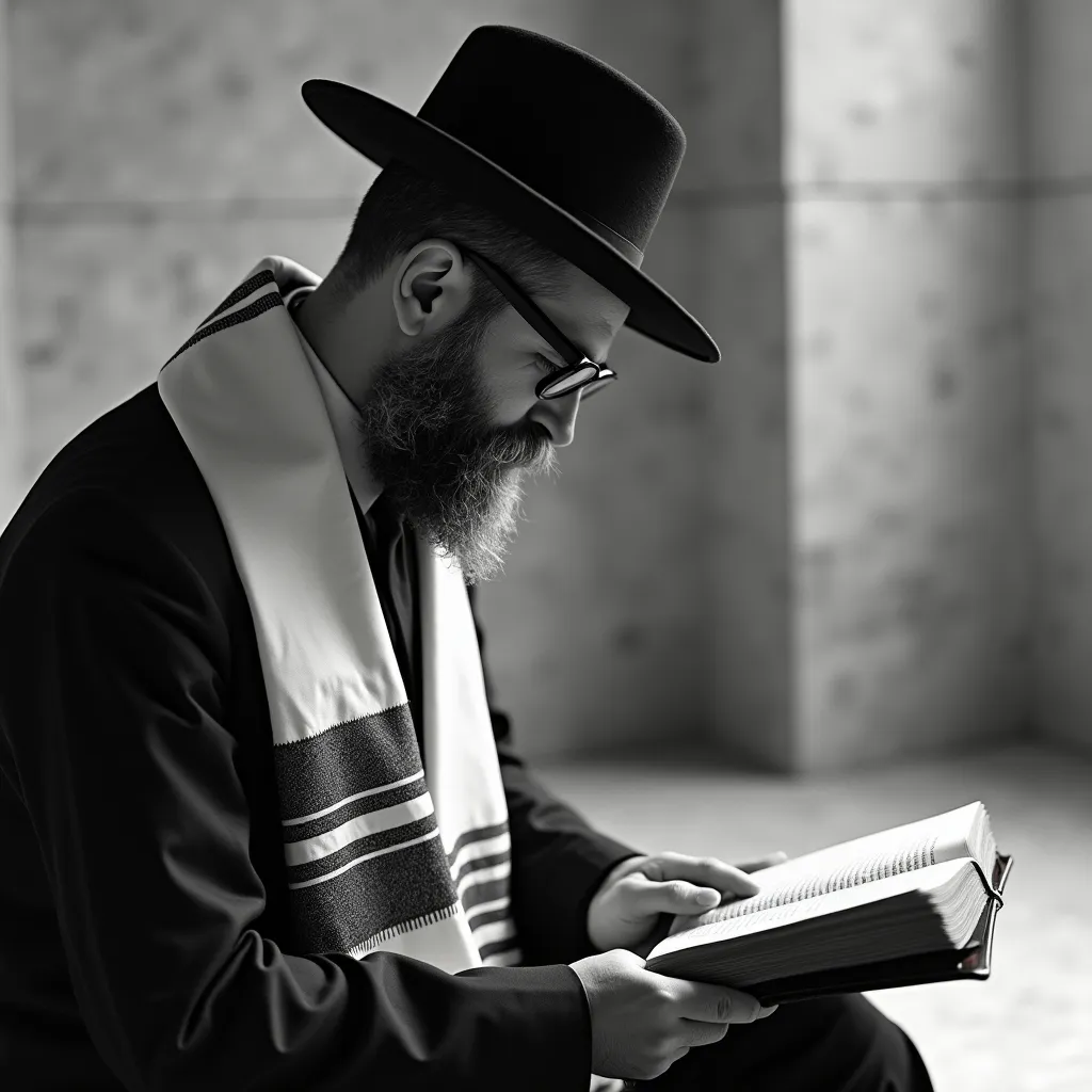 Prompt: Orthodox Jewish man wearing traditional dress and tallit reading a book He is inside the New Temple at Haifa. the year is 1962. He is viewed in profile.