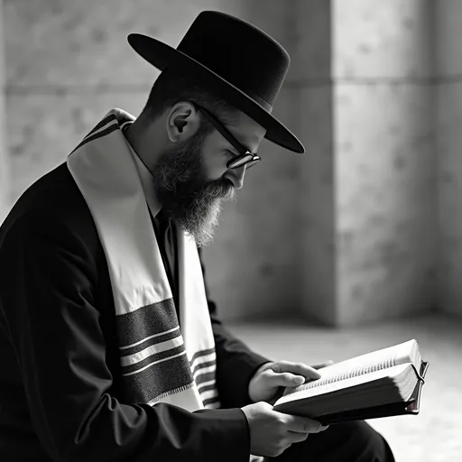 Prompt: Orthodox Jewish man wearing traditional dress and tallit reading a book He is inside the New Temple at Haifa. the year is 1962. He is viewed in profile.