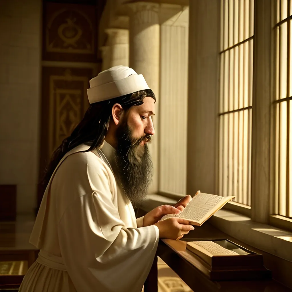 Prompt: orthidox jew viewed in profile reading the torah at the new templw Haifa in 1962
