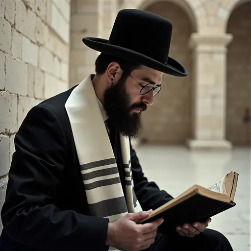 Prompt: Orthodox Jewish man wearing traditional dress and tallit reading a book He is inside the New Temple at Haifa. the year is 1962. He is viewed in profile.