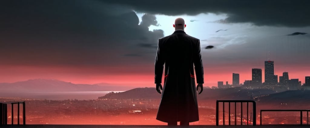 Prompt: 
Agent 47, the enigmatic protagonist of the Hitman series, embodies the essence of a deadly and calculated assassin. With his tall, bald figure and a barcode tattooed on the back of his head, he strikes an imposing presence. Clad in a sharp black suit, he exudes an aura of professionalism and precision.

His personality is marked by a stoic demeanor and unwavering focus, enabling him to execute his missions with cold efficiency. Highly skilled in combat, stealth, and deception, Agent 47 navigates through challenges with intellect and adaptability. His ability to blend into various roles and environments allows him to infiltrate targets unnoticed.

Operating by a strict code of conduct, Agent 47 prioritizes precision and discretion in eliminating his targets, avoiding collateral damage whenever possible. His loyalty lies with the International Contract Agency (ICA), and he remains committed to fulfilling his contracts with unwavering dedication.

Agent 47's origins are clouded in secrecy, rooted in a clandestine cloning project that shaped him into the ultimate assassin. Throughout the series, players unravel the mysteries of his past, uncovering his complex relationships and the truth behind his creation.

Standing on a hillside, overlooking the city, Agent 47 embodies the essence of his character – a solitary figure, driven by duty, grappling with questions of identity and morality amidst the shadows of his past.