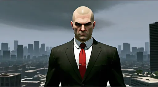 Prompt: Agent 47, the protagonist of the Hitman video game series, is a genetically engineered assassin created by the fictional International Contract Agency (ICA). Here's a description of his character: Appearance: Agent 47 is typically portrayed as a tall, bald man with a barcode tattooed on the back of his head, representing his status as a genetically modified clone. He often wears a sharp black suit, fitting for his role as a professional assassin. Personality: Agent 47 is known for his stoic demeanor and unflinching professionalism. He is exceptionally skilled in various forms of combat, stealth, and deception. His emotions are often suppressed, allowing him to carry out his missions with cold efficiency. He is highly intelligent, resourceful, and adaptable, making him one of the most lethal assassins in the Hitman universe. Skills: Agent 47 possesses a wide range of skills that make him a formidable assassin. These include proficiency in firearms, hand-to-hand combat, infiltration, disguise, and strategic planning. He is also known for his ability to blend into his surroundings, often assuming different identities to accomplish his objectives. Code: Despite being a ruthless killer, Agent 47 operates by a strict code of conduct. He typically avoids collateral damage and prefers to eliminate his targets with precision and discretion. He is not motivated by personal vendettas but rather by his loyalty to the ICA and the fulfillment of his contracts. Background: Agent 47's backstory is shrouded in mystery. He was created as part of a secret cloning project and trained from a young age to become the ultimate assassin. Throughout the series, players uncover bits and pieces of his past, including his relationship with other characters and the truth behind his creation. Overall, Agent 47 is a complex and enigmatic character, driven by his duty as an assassin while grappling with questions of identity and morality. full body on hill side standing looking away and over the city. 4k