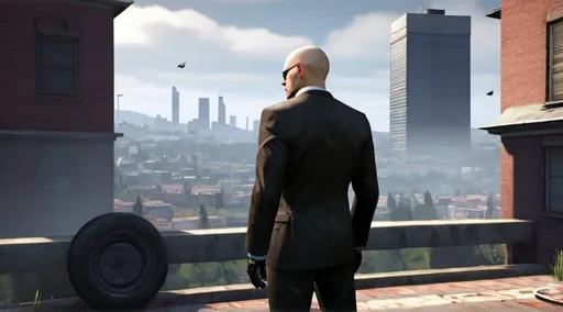 Prompt: , Agent 47 operates by a strict code of conduct. He typically avoids collateral damage and prefers to eliminate his targets with precision and discretion. He is not motivated by personal vendettas but rather by his loyalty to the ICA and the fulfillment of his contracts. Background: Agent 47's backstory is shrouded in mystery. He was created as part of a secret cloning project and trained from a young age to become the ultimate assassin. Throughout the series, players uncover bits and pieces of his past, including his relationship with other characters and the truth behind his creation. Overall, Agent 47 is a complex and enigmatic character, driven by his duty as an assassin while grappling with questions of identity and morality. full body on hill side standing looking away and over the city. 4k