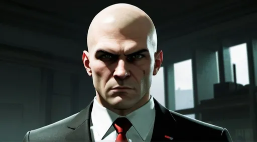 Prompt: Agent 47, the protagonist of the Hitman video game series, is a genetically engineered assassin created by the fictional International Contract Agency (ICA). Here's a description of his character: Appearance: Agent 47 is typically portrayed as a tall, bald man with a barcode tattooed on the back of his head, representing his status as a genetically modified clone. He often wears a sharp black suit, fitting for his role as a professional assassin. Personality: Agent 47 is known for his stoic demeanor and unflinching professionalism. He is exceptionally skilled in various forms of combat, stealth, and deception. His emotions are often suppressed, allowing him to carry out his missions with cold efficiency. He is highly intelligent, resourceful, and adaptable, making him one of the most lethal assassins in the Hitman universe. Skills: Agent 47 possesses a wide range of skills that make him a formidable assassin. These include proficiency in firearms, hand-to-hand combat, infiltration, disguise, and strategic planning. He is also known for his ability to blend into his surroundings, often assuming different identities to accomplish his objectives. Code: Despite being a ruthless killer, Agent 47 operates by a strict code of conduct. He typically avoids collateral damage and prefers to eliminate his targets with precision and discretion. He is not motivated by personal vendettas but rather by his loyalty to the ICA and the fulfillment of his contracts. Background: Agent 47's backstory is shrouded in mystery. He was created as part of a secret cloning project and trained from a young age to become the ultimate assassin. Throughout the series, players uncover bits and pieces of his past, including his relationship with other characters and the truth behind his creation. Overall, Agent 47 is a complex and enigmatic character, driven by his duty as an assassin while grappling with questions of identity and morality. full body on hill side standing looking away and over the city. 4k