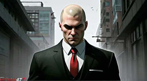 Prompt: Agent 47, the protagonist of the Hitman video game series, is a genetically engineered assassin created by the fictional International Contract Agency (ICA). Here's a description of his character: Appearance: Agent 47 is typically portrayed as a tall, bald man with a barcode tattooed on the back of his head, representing his status as a genetically modified clone. He often wears a sharp black suit, fitting for his role as a professional assassin. Personality: Agent 47 is known for his stoic demeanor and unflinching professionalism. He is exceptionally skilled in various forms of combat, stealth, and deception. His emotions are often suppressed, allowing him to carry out his missions with cold efficiency. He is highly intelligent, resourceful, and adaptable, making him one of the most lethal assassins in the Hitman universe. Skills: Agent 47 possesses a wide range of skills that make him a formidable assassin. These include proficiency in firearms, hand-to-hand combat, infiltration, disguise, and strategic planning. He is also known for his ability to blend into his surroundings, often assuming different identities to accomplish his objectives. Code: Despite being a ruthless killer, Agent 47 operates by a strict code of conduct. He typically avoids collateral damage and prefers to eliminate his targets with precision and discretion. He is not motivated by personal vendettas but rather by his loyalty to the ICA and the fulfillment of his contracts. Background: Agent 47's backstory is shrouded in mystery. He was created as part of a secret cloning project and trained from a young age to become the ultimate assassin. Throughout the series, players uncover bits and pieces of his past, including his relationship with other characters and the truth behind his creation. Overall, Agent 47 is a complex and enigmatic character, driven by his duty as an assassin while grappling with questions of identity and morality. full body on hill side standing looking away and over the city. 4k