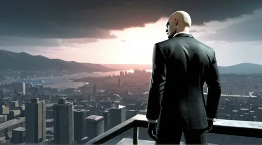 Prompt: , Agent 47 operates by a strict code of conduct. He typically avoids collateral damage and prefers to eliminate his targets with precision and discretion. He is not motivated by personal vendettas but rather by his loyalty to the ICA and the fulfillment of his contracts. Background: Agent 47's backstory is shrouded in mystery. He was created as part of a secret cloning project and trained from a young age to become the ultimate assassin. Throughout the series, players uncover bits and pieces of his past, including his relationship with other characters and the truth behind his creation. Overall, Agent 47 is a complex and enigmatic character, driven by his duty as an assassin while grappling with questions of identity and morality. full body on hill side standing looking away and over the city. 4k