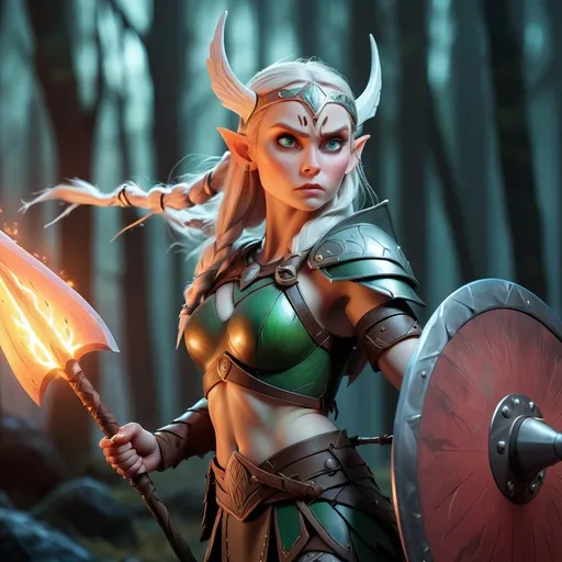 Prompt: Elf Valkyrie holding a spear in a Viking battle with eerie glow around her body