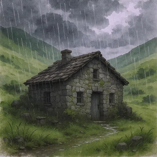Prompt: crea la imagen de una casita de piedras en un valle en un dia de lluvia con nubes oscuras