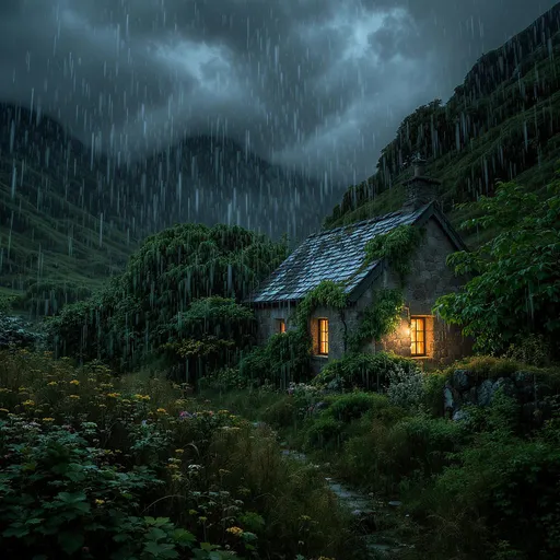 Prompt: crea la imagen de una casita de piedras en un valle en un dia de lluvia con nubes oscuras